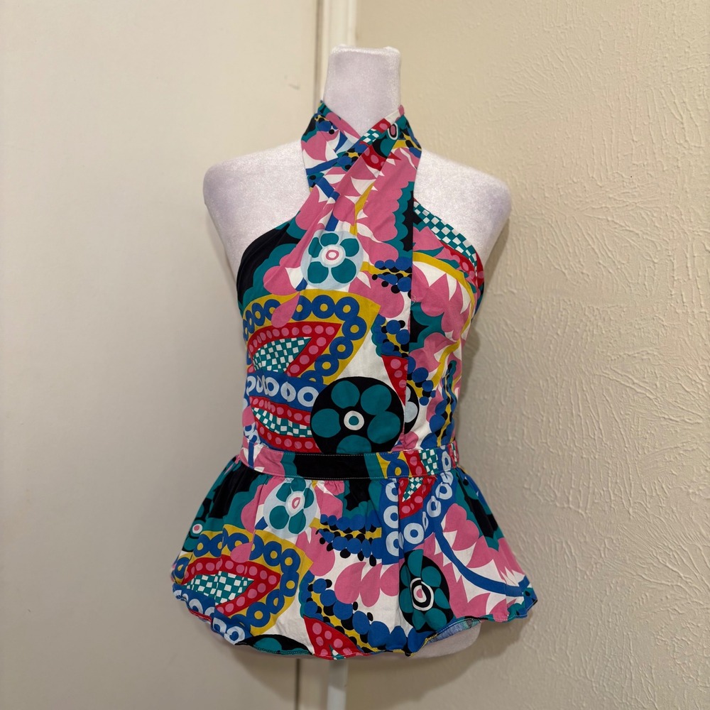 J. Crew Halter Peplum Top Multi Color Psychedelic Floral Cotton Retro Maximalist